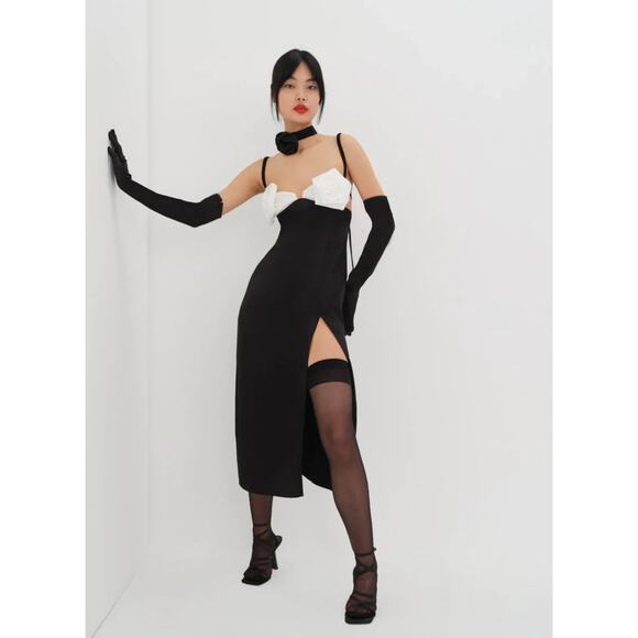 NWT For Love & Lemons Black Rita Rosette Rose Floral Slit Midi Dress Size XXS - Picture 1 of 6